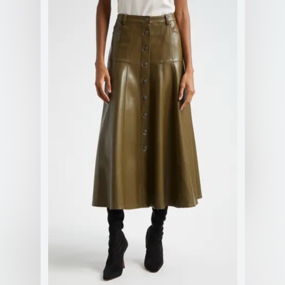 Cinq à Sept  Veena Vegan Leather Midi Skirt, Dark Olive - Picture 1 of 11
